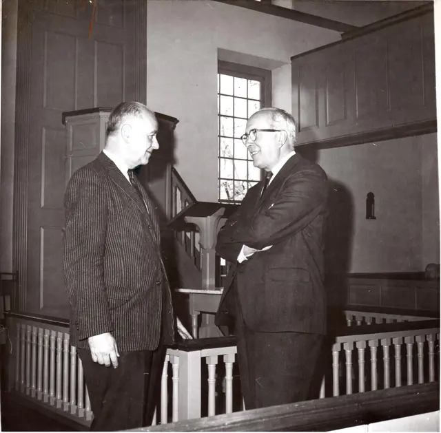 Donald Shelley and Raymond Elliott in resotred St. Gabriel's 1801 chapel