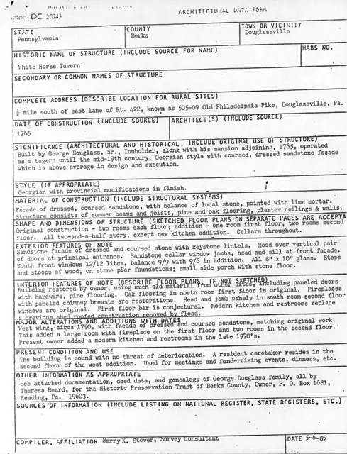 White Horse Inn, Unfiled HABS documents, page #1 (1985)