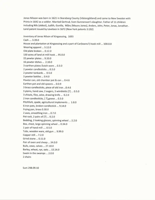 Mouns Jones, Jonas Nilsson will & estate inventory transcript (c.1693)