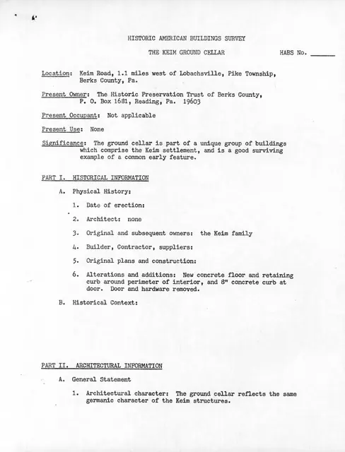 Keim Ground Cellar, unfiled HABS data sheets, page #1 (1985)