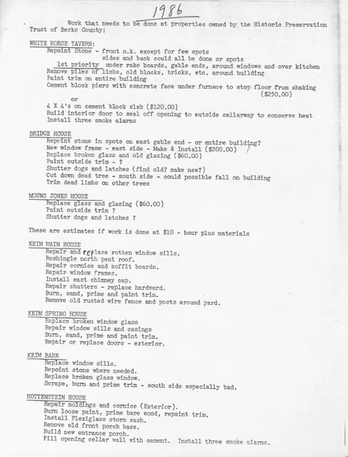 General, list of restoration work needed on Trust properties (1986)