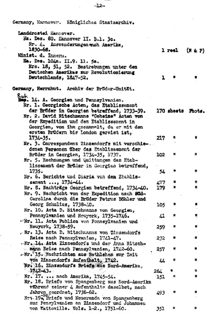 List from Library of Congress re: Zinzendorf Manuscripts (1967)
