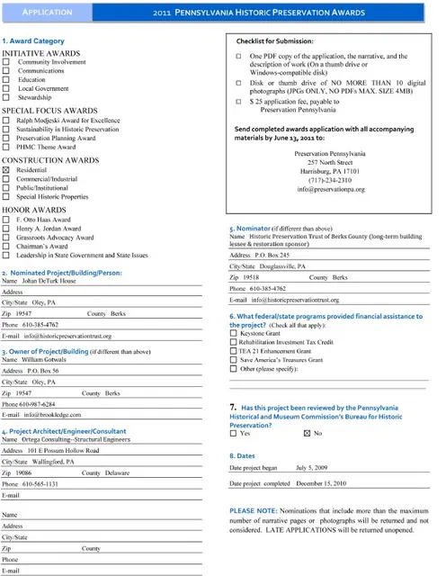 DeTurk House, Preservation PA Awards application, page 1 (2011)