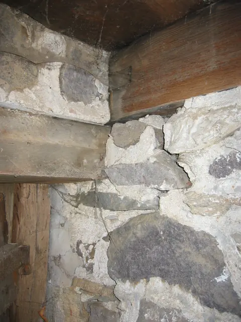 Interior detail, DeTurk kitchen wall, joist, anchor tenon, and wall plates