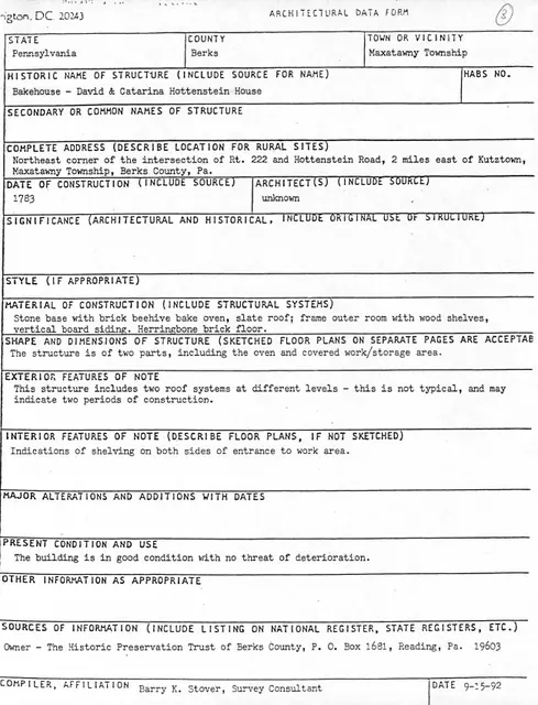 Hottenstein Bake House, unfiled HABS documents (1992)