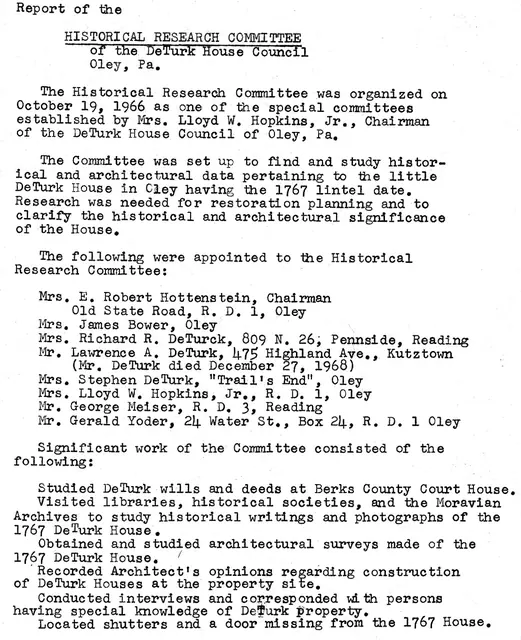 Research committee report re: DeTurk family history, page 1 (1970)