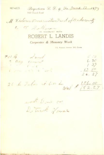 Invoice for masonry work done to DeTurk House (1973)