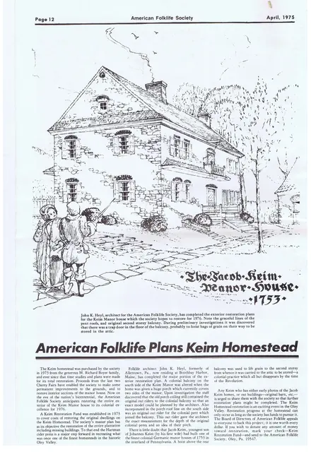 Keim Farmstead, article re: American Folklife Society Plans (1975)