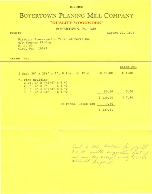 Boyertown Planing Mill invoice for DTH window sash & door molding (1974)