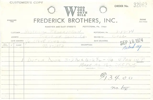 Frederick Brothers invoice for DeTurk house Dutch door (1974)