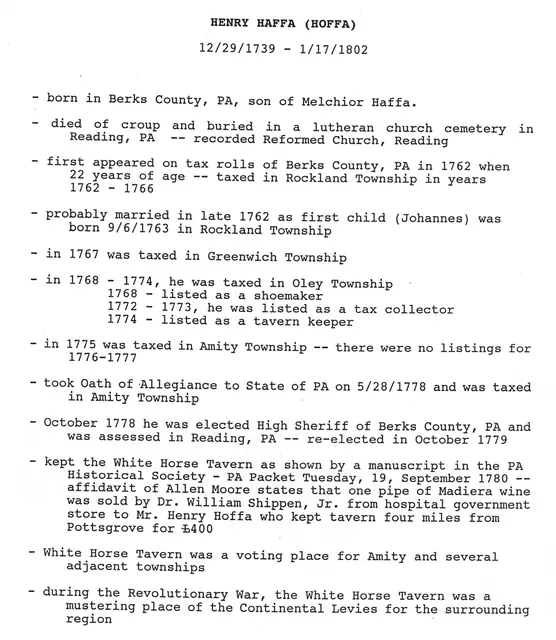White Horse Inn, timeline for Henry Haffa, page#1