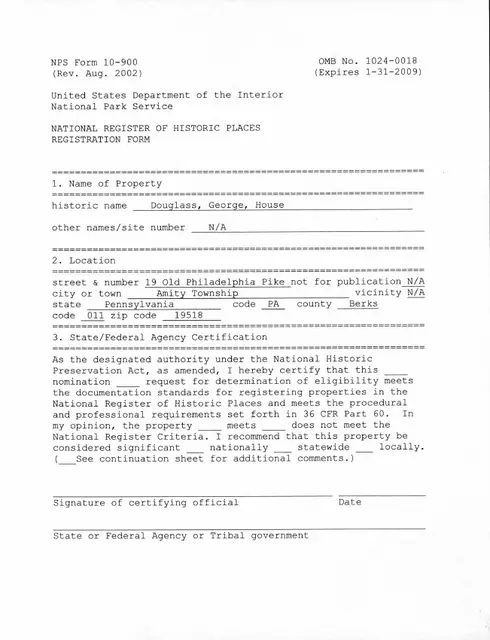 George Douglass House, National Register application, page #1 (2008)