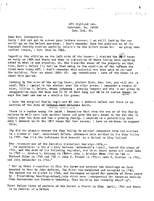 Laurence DeTurk Letter (1966)