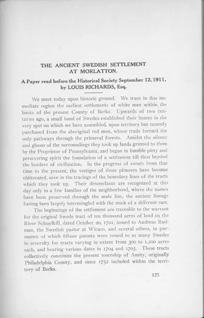 Essay on swedish settlement @ Morlatton, HSBC Transactions vol. III (1923)