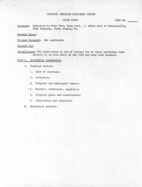 Keim Cider Press, unfiled HABS data sheet, page #1 (1984)