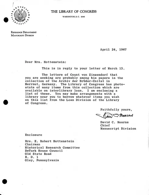 Letter from Library of Congress re: Moravian historical documents (1967)