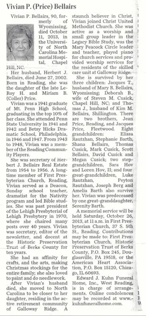unknown newspaper of obiturary of Vivian P. (Price) Bellairs