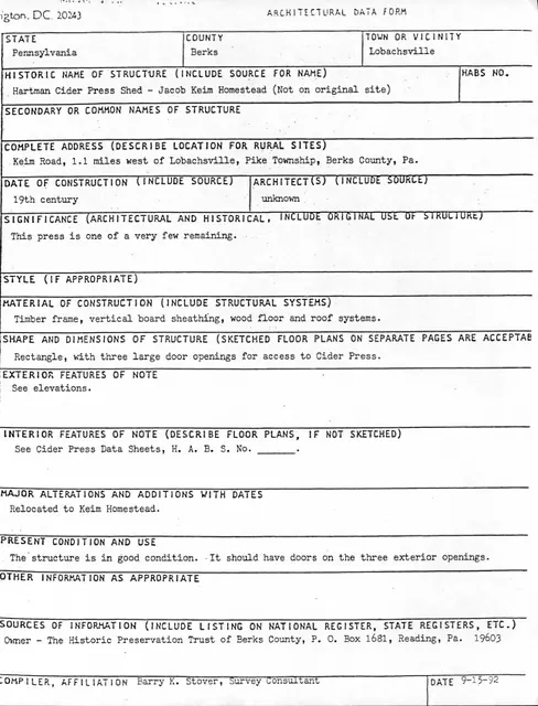 Keim Cider Press, unfiled HABS data sheet (1992)