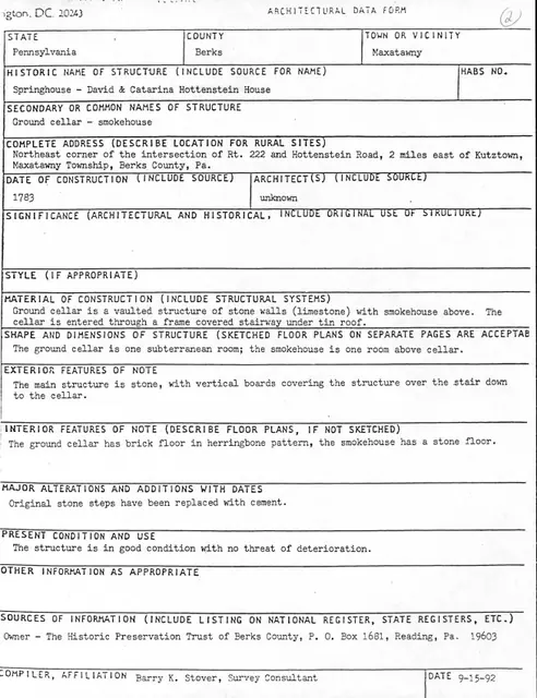 Hottenstein Ground Cellar/Smokehouse, unfiled HABS documents (1992)