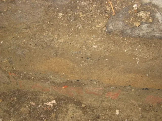 Floor-fill layers & early brick paving in DeTurk kitchen celllar, 769 (2009