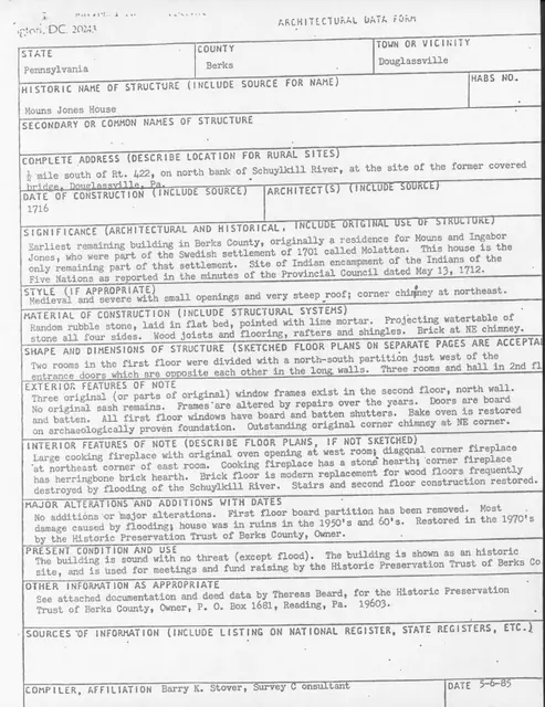 Mouns Jones House, unfiled HABS update paperwork (1985)