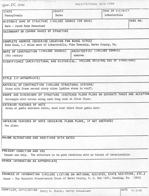 Keim Barn, unfiled HABS data sheet (1992)