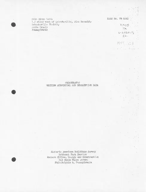 Keim Cabin HABS photo descriptions, cover page (1958)
