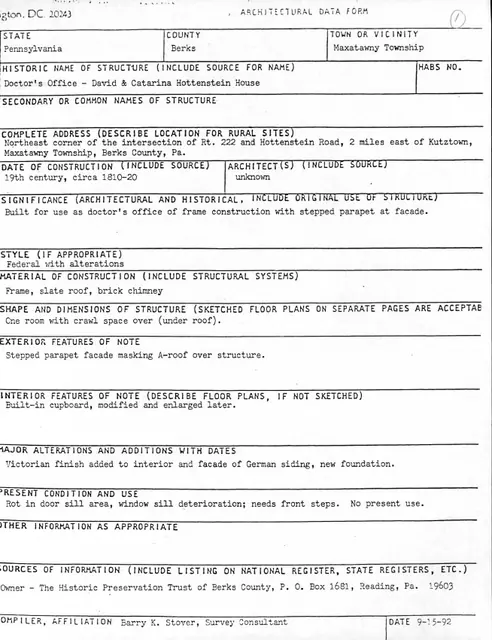 Hottenstein Docotor's Office, unfiled HABS documents (1992)