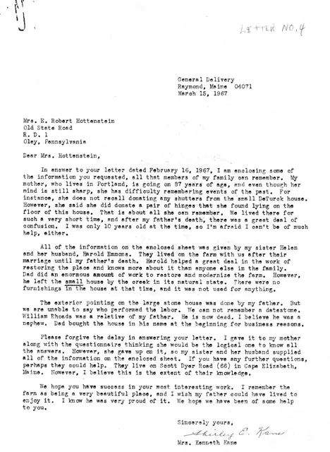 Mrs. Hottenstein's reply in letters re: DeTurk farm & family history (1967)