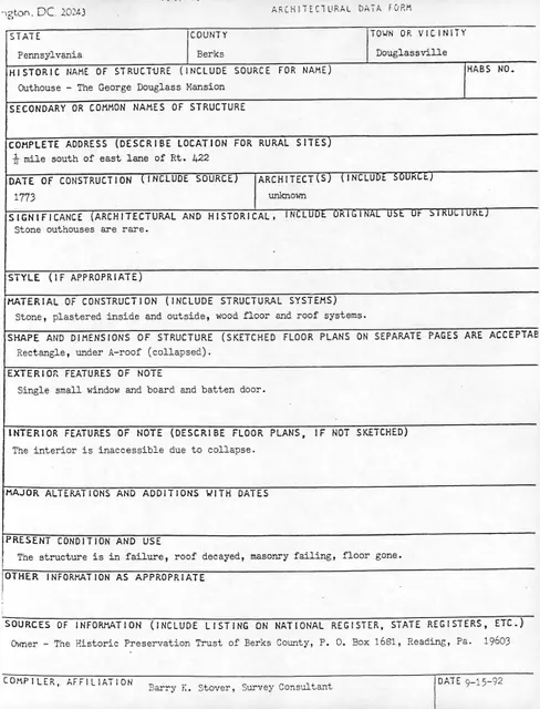 George douglass House, unfiled HABS data sheet (1992)