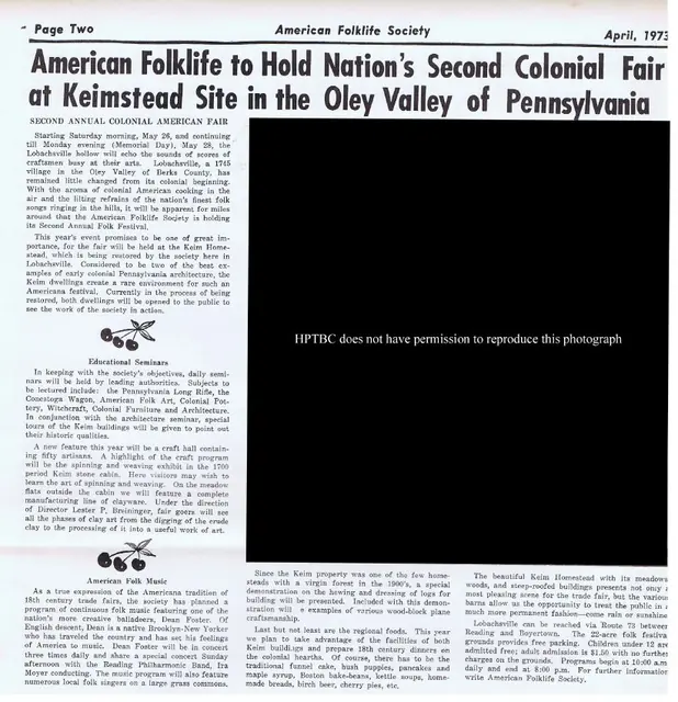 Keim Farmstead, article re: Colonial American Folklife Fair (1973)