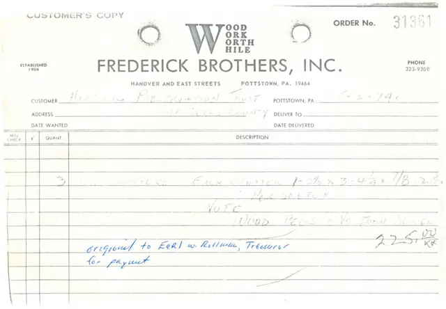 Frederick Brothers invoice for DeTurk House shutters (1974)