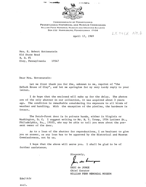 Letter from PHMC re: DeTurk door (1969)
