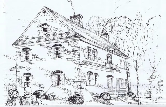 Keim House, conceptual perspective sketch from "American Folklife" (1975)