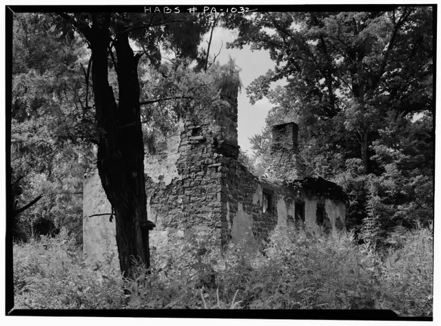 Mouns Jones House, SE perspective view of remaining walls & chimneys (1958)